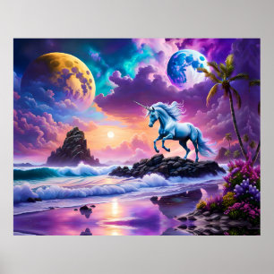 Póster Playa Tropical de Fantasía de Unicornio Blanco
