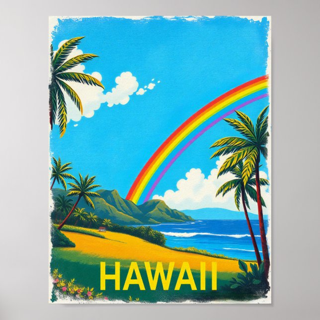 Póster Playa tropical en Hawái con arco iris (Frente)
