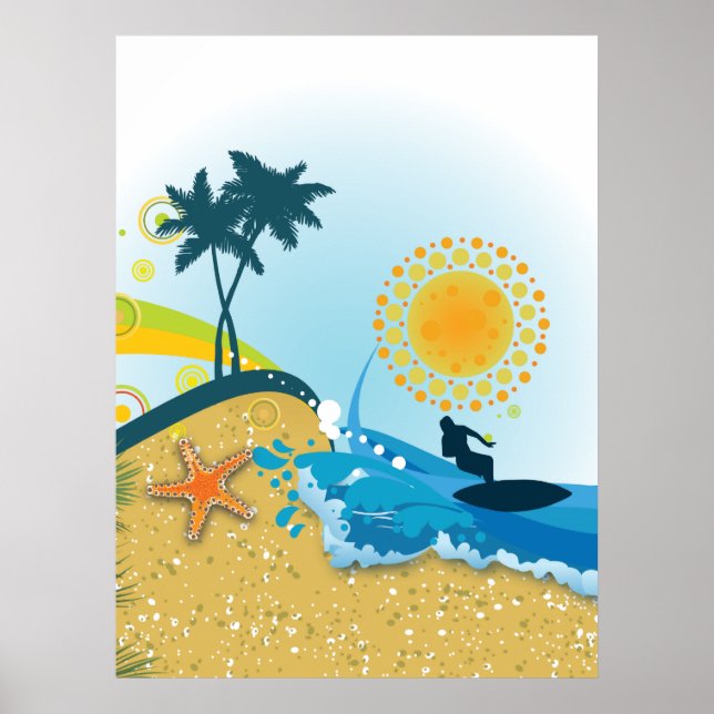 Póster Playa tropical, océano con huella poster surfer (Frente)