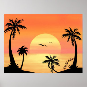 Póster Playa Tropical Palm Tree Silhouette Art