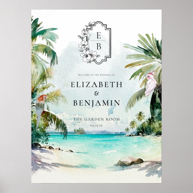 Póster Playa Tropical Palma | Bienvenida de Boda Monogram (Frente)