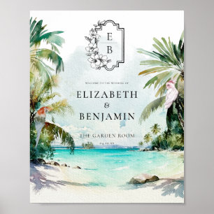 Póster Playa Tropical Palma Bienvenida de Boda Monogram