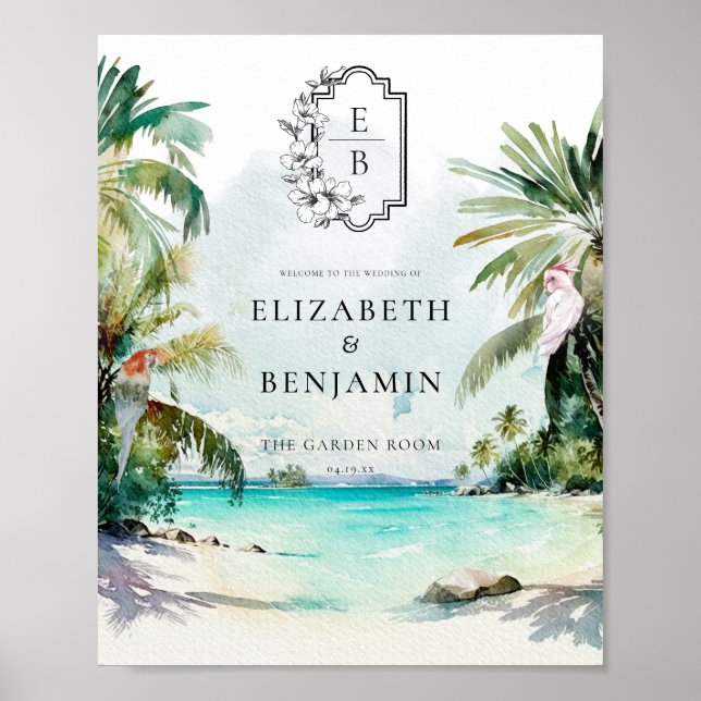 Póster Playa Tropical Palma | Bienvenida de Boda Monogram (Frente)
