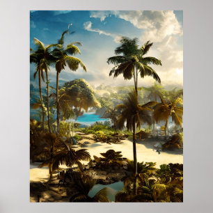 Póster Playa tropical verde azulada palmeras de agua herm