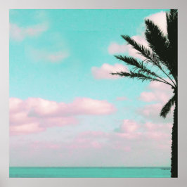 Póster Playa tropical, vistas al océano, nubes rosas, pal