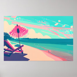Póster Playa verde azulada y de Peach, Silla y Paraguas