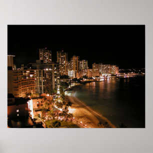 Póster Playa Waikiki de noche