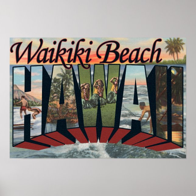 Póster Playa Waikiki, Hawaii - Escenas de letras grandes (Frente)