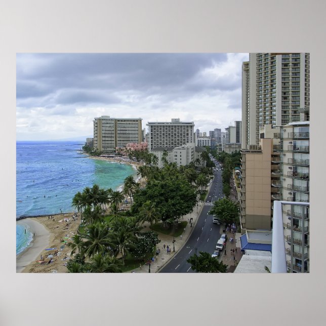 Póster PLAYA WAIKIKI y AVENIDA KALAKAUA - HAWAII (Frente)