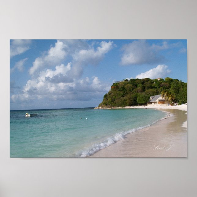 Póster Playa y barco en Antigua (Frente)