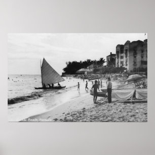 Póster Playa y barcos Honolulu de Waikiki