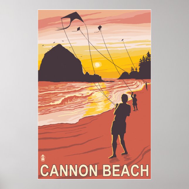 Póster Playa y Cometas - Playa de Cannon, Oregón (Frente)