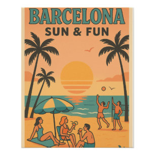 Póster Playa y Sol de Barcelona - Viajes Retro