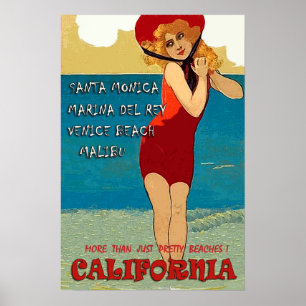 Póster playas de California, mujer con traje de baño rojo