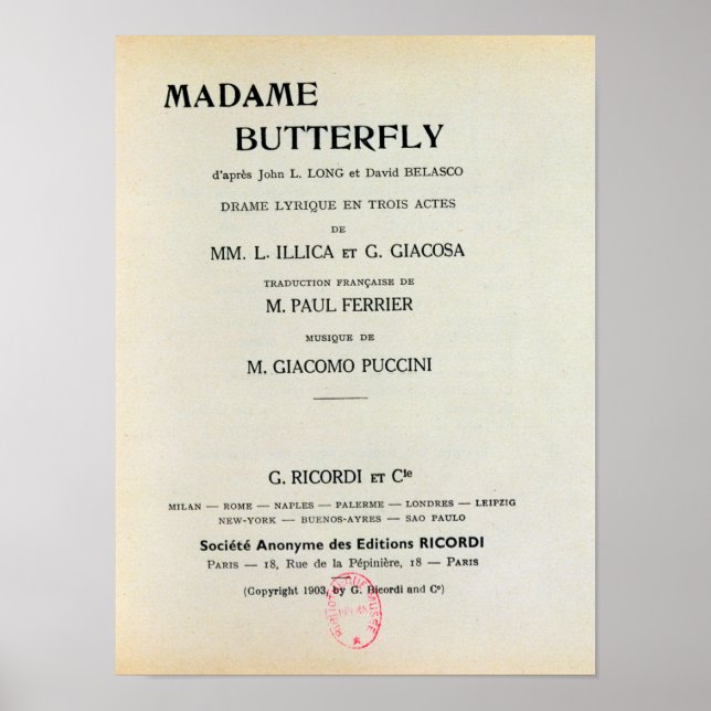 Póster Playbill para Madame Butterfly de Giacomo (Frente)
