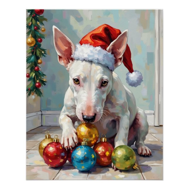 Póster Playful Bull Terrier Dog Guarding Christmas (Anverso)