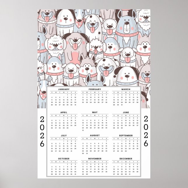 Póster Playful Cartoon Dog Pattern with 2026 Calendar (Frente)