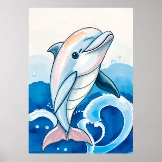 Póster Playful Dolphin Wave Painting