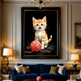Póster Playful Kitten Cat with Yarn Watercolor Print
