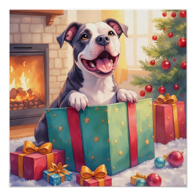 Póster Playful Pitbull Opening Christmas Gifts Holiday (Anverso)