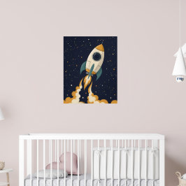 Póster Playful Rocket Ship - Guardería celeste