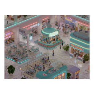 Póster Plaza comercial isométrica Pastel con tiendas Neon