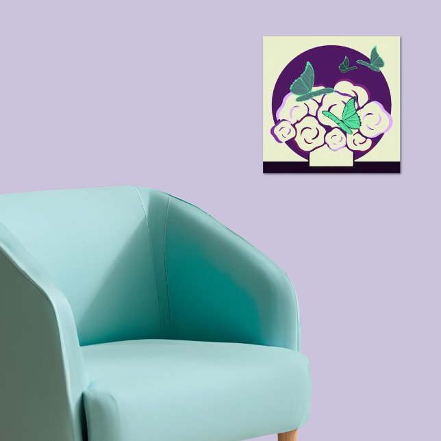 Póster Plaza de flores moradas verdes (Green Purple Flower Bouquet & Butterflies Square Poster)
