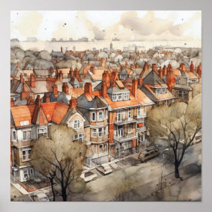 Póster Plaza de pintura acuática de los suburbios de Lond