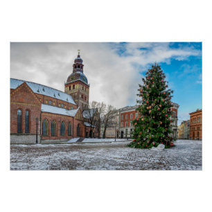 Póster Plaza Dome con árbol de Navidad en Riga