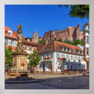 Póster Plaza Kornmarkt y castillo en Heidelberg, Alemania