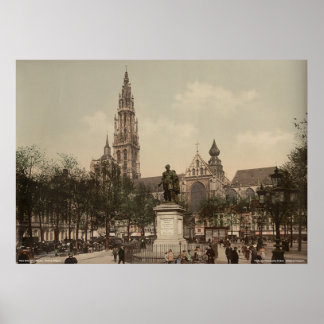 Póster Plaza Verte y Catedral, Amberes, Bélgica