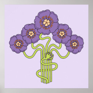 Póster Plaza violeta de dibujo de flores Art Nouveau