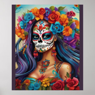 Póster Plendor floral en maquillaje de cráneo azucarero