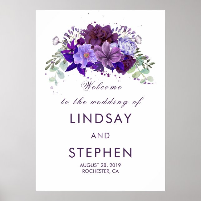 Póster Plum and Violet Purple Floral Wedding Welcome Sign (Frente)
