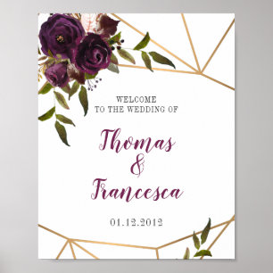 Póster Plum Floral Faux Gold Signo de bienvenida geométri