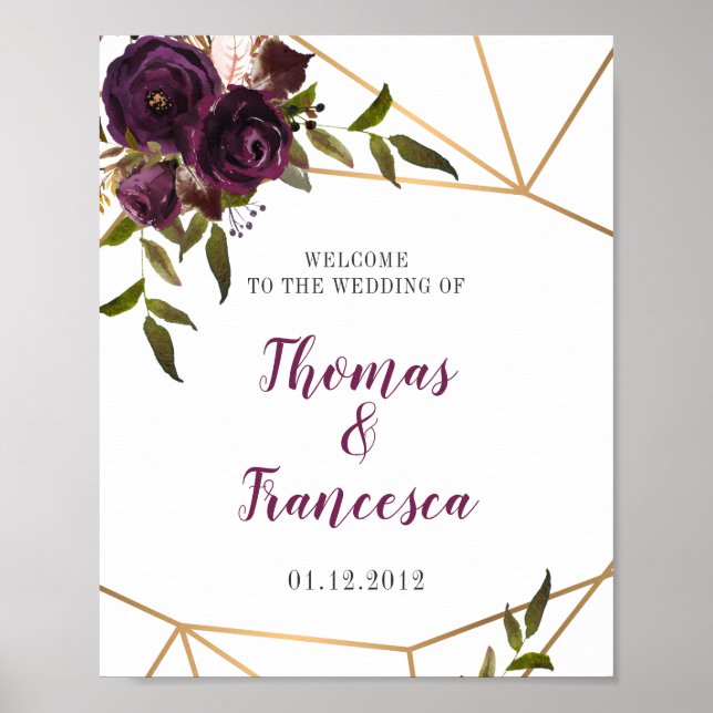Póster Plum Floral Faux Gold Signo de bienvenida geométri (Frente)