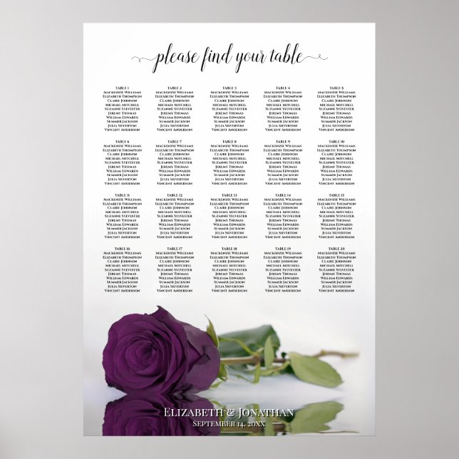 Póster Plum Purple Rose 20 Table Wedding Seating Chart (Frente)