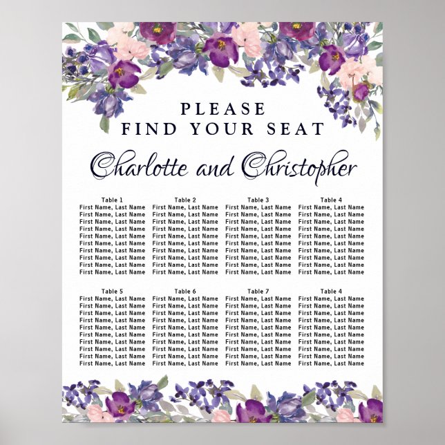 Póster Plum Rubor Floral 8-Tabla de asientos para Bodas (Frente)