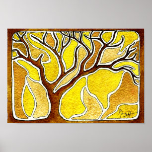 Póster Pluma acuarela y árbol de tinta - Oro amarillo