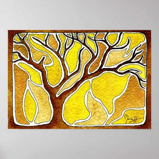 Póster Pluma acuarela y árbol de tinta - Oro amarillo (Frente)