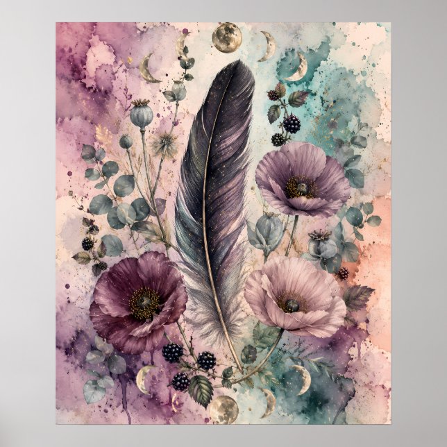 Póster Pluma Boho y Amapolas Fase Lunar Celestial (Frente)