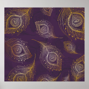 Póster Pluma de pavo real dorada, fondo violeta.