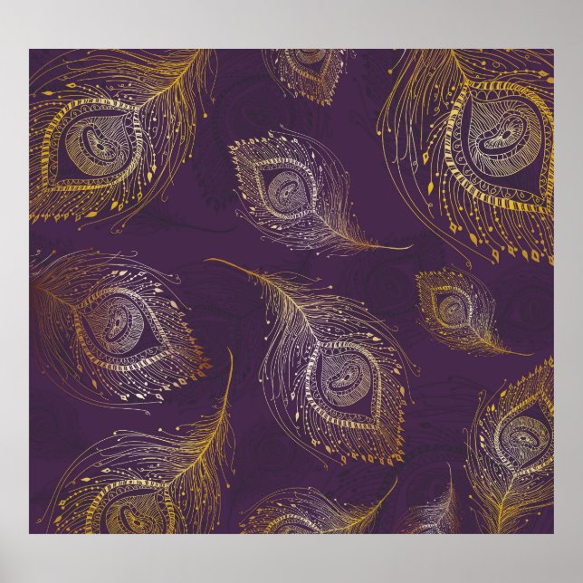 Póster Pluma de pavo real dorada, fondo violeta. (Frente)