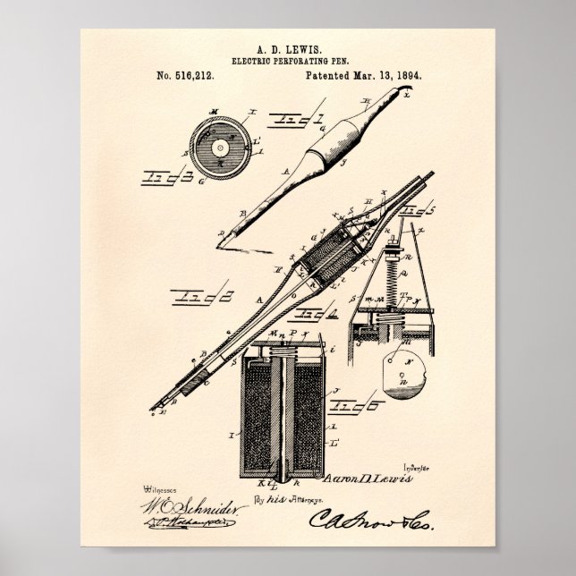 Póster Pluma Eléctrica 1894 Patent Art Old Peper (Frente)