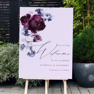 Póster Pluma morada e índigo azul Floral elegante Boda
