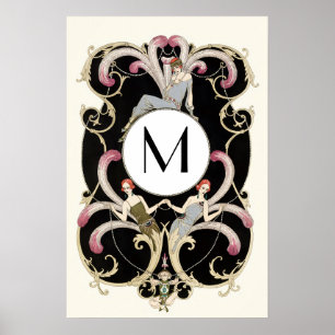 PÓSTER PLUMAS ART DÉCO, MONOGRAMA DE TRAJE DE MODA Y BELL