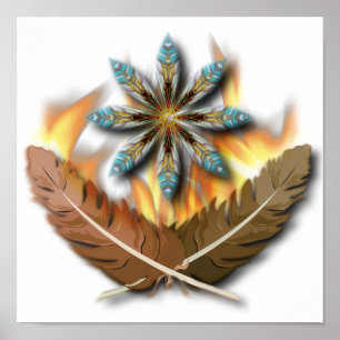 Póster plumas de hawk de cola roja y llamas digitales