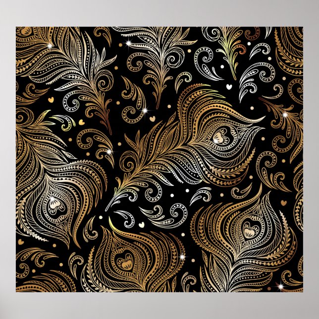 Póster Plumas de pavo real: Dibujo artístico a mano alzad (Frente)