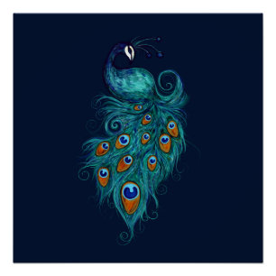 Póster Plumas de Pavo Real Verde Azul Pavos Reales