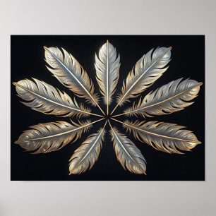 Póster plumas simétricas: Elegancia dorada y plateada